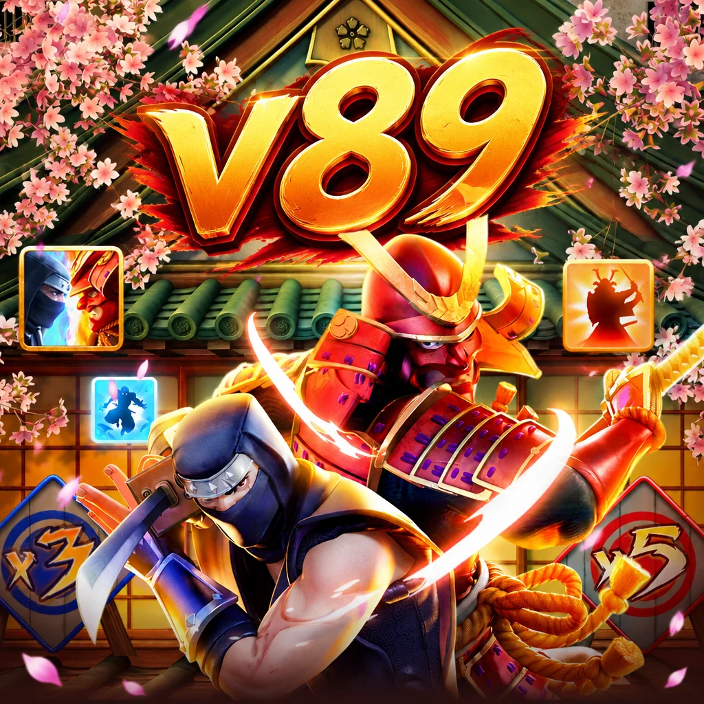 v89 memperlihatkan pertarungan antara ninja dan samurai berzirah merah berlatar bunga sakura
